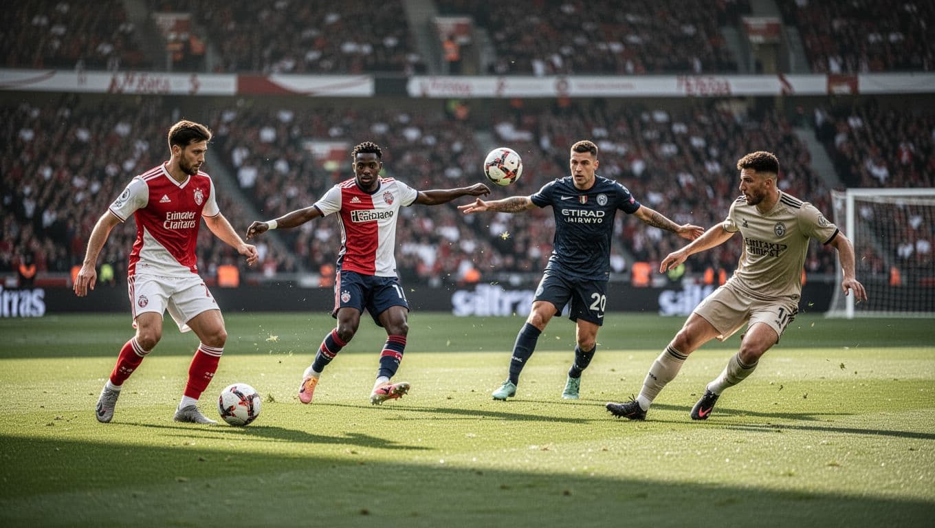 Collage of four soccer players: Sunderland midfielder in red-white kit with ball, striker shooting, Man United captain passing, defender tackling on pitch with blurred Stadium of Light stands.