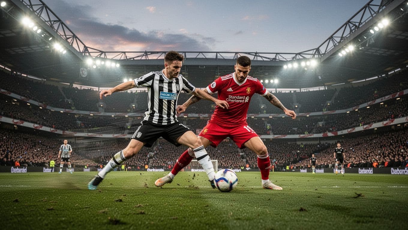 Sunderland player in stripes tackles Man United player in red for ball, motion blur, packed Stadium of Light stands under floodlights.