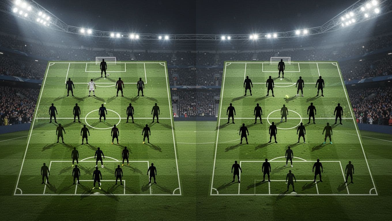 Split-view diagram on green soccer pitch shows left 4-2-3-1 and right 4-3-3 player icons with stadium background.
