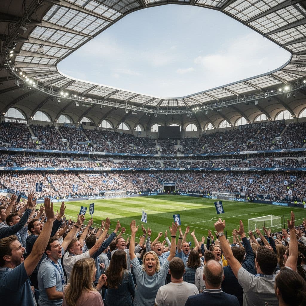 A wide view of a crowded stadium filled with enthusiastic supporters cheering for their home team.