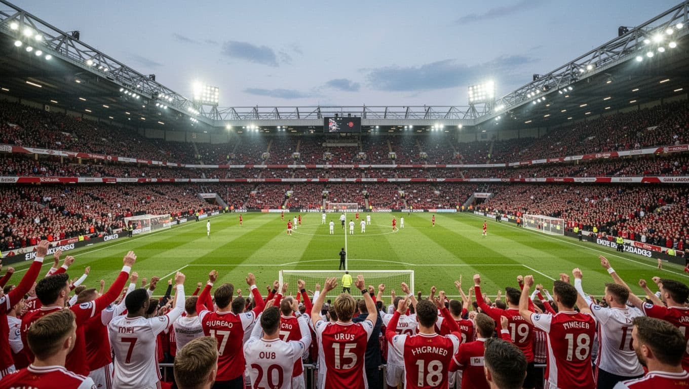 Stadium of Light packed with fans in red and white jerseys cheering under floodlights before match.
