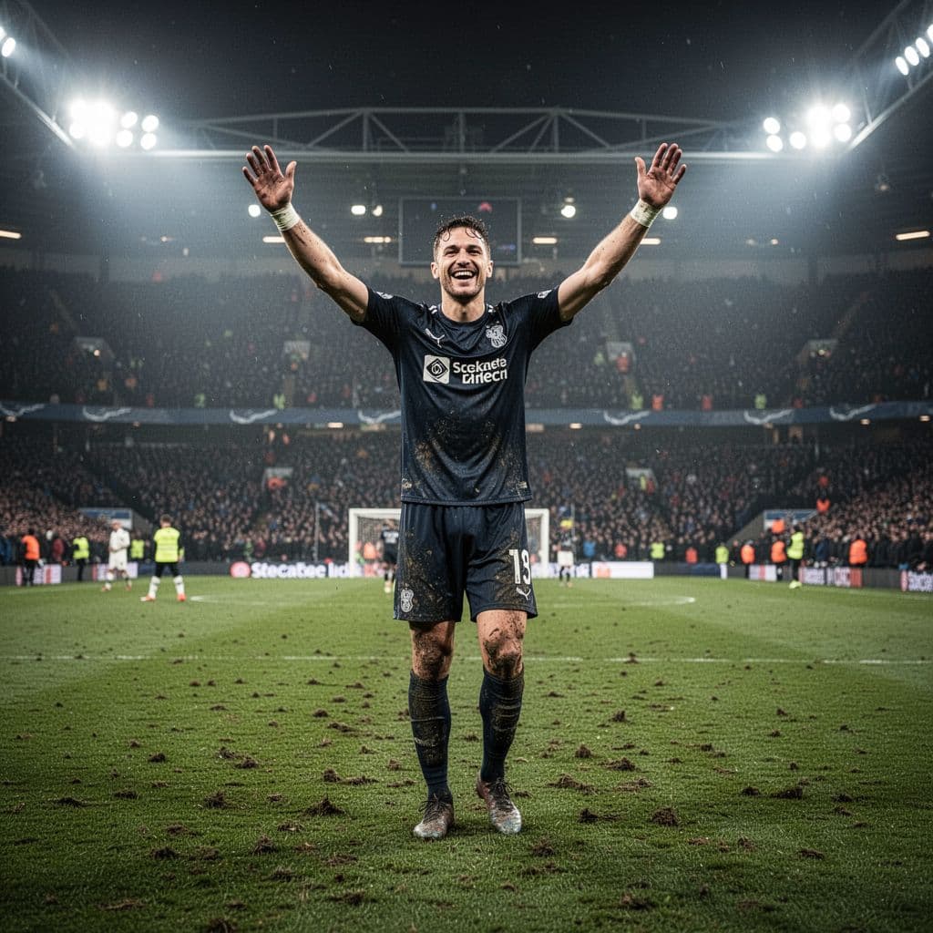 A focused Sunderland football player celebrates a goal on a muddy stadium pitch under bright floodlights.