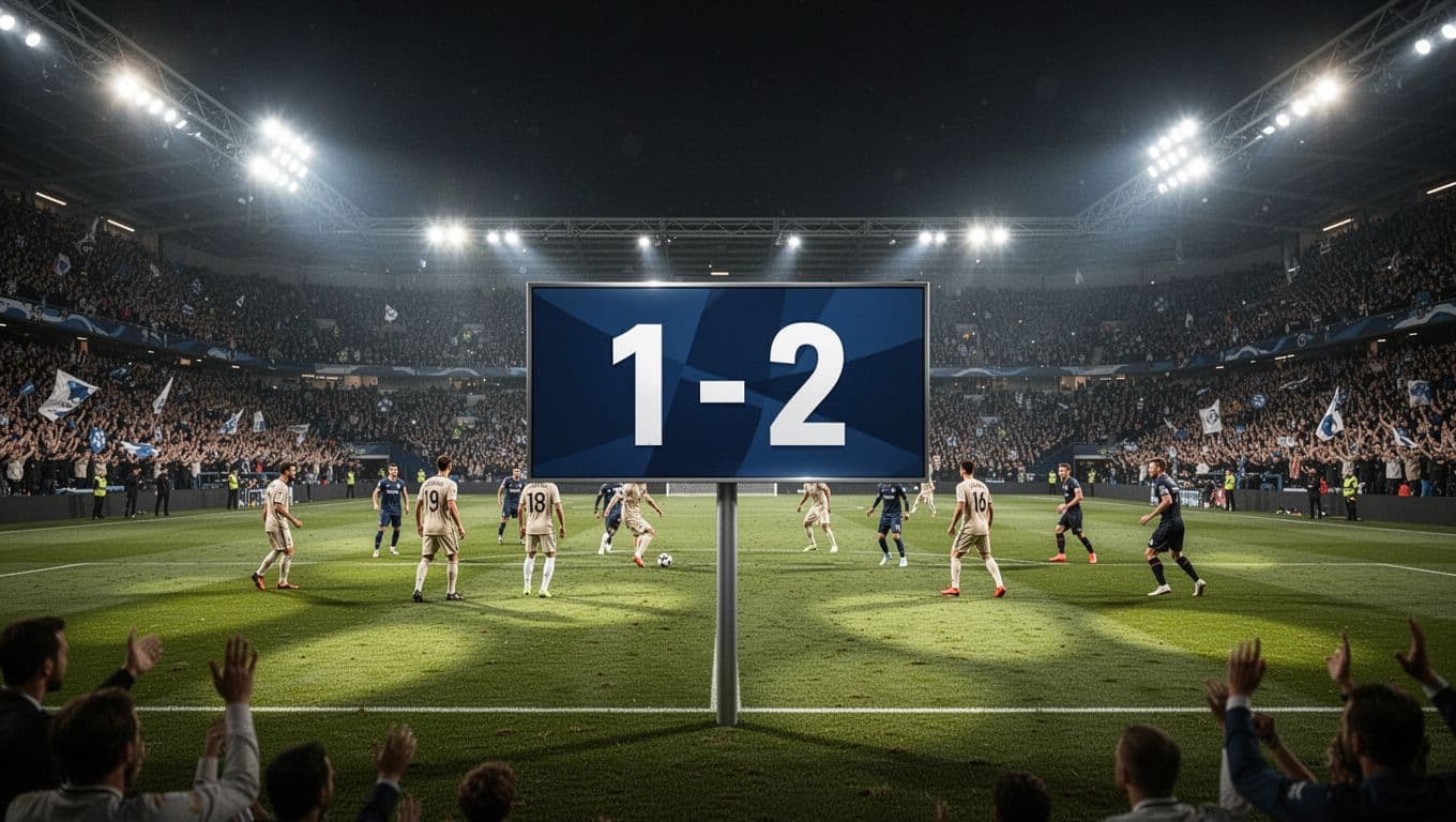 Stadium scoreboard shows Sunderland 1-2 Manchester United with team crests and 'Prediksi Skor' amid fans under floodlights.