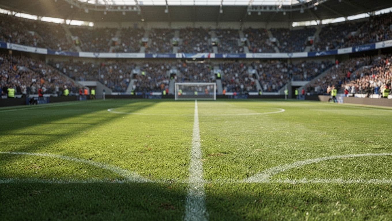 Wide-angle view of sunny football stadium with empty green pitch and blurred spectators.