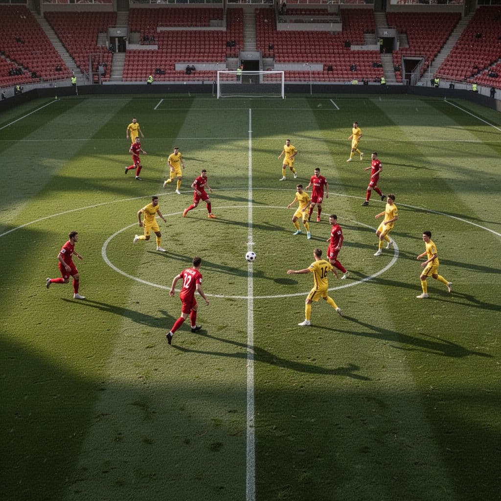 High-angle wide shot of red and yellow teams competing with one soccer ball on sunny stadium pitch.