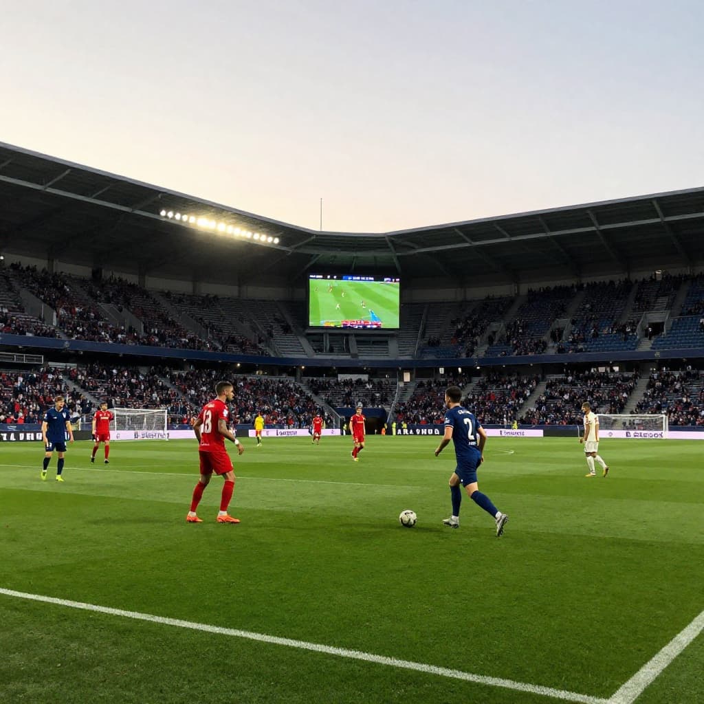 Two teams clash in a stadium at sunset, wide shot capturing player movement and action.
