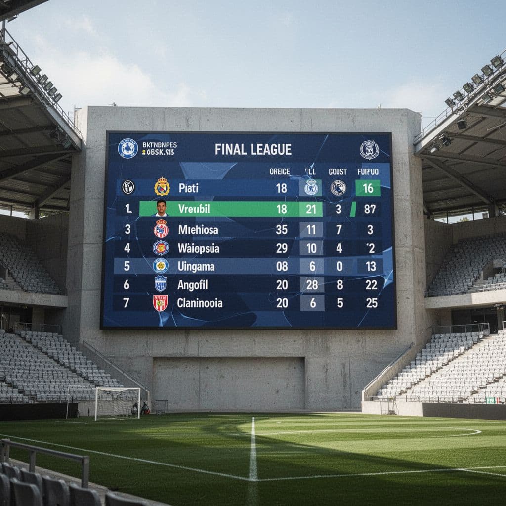 A stadium scoreboard displays the final league rankings with two teams tied at the top.