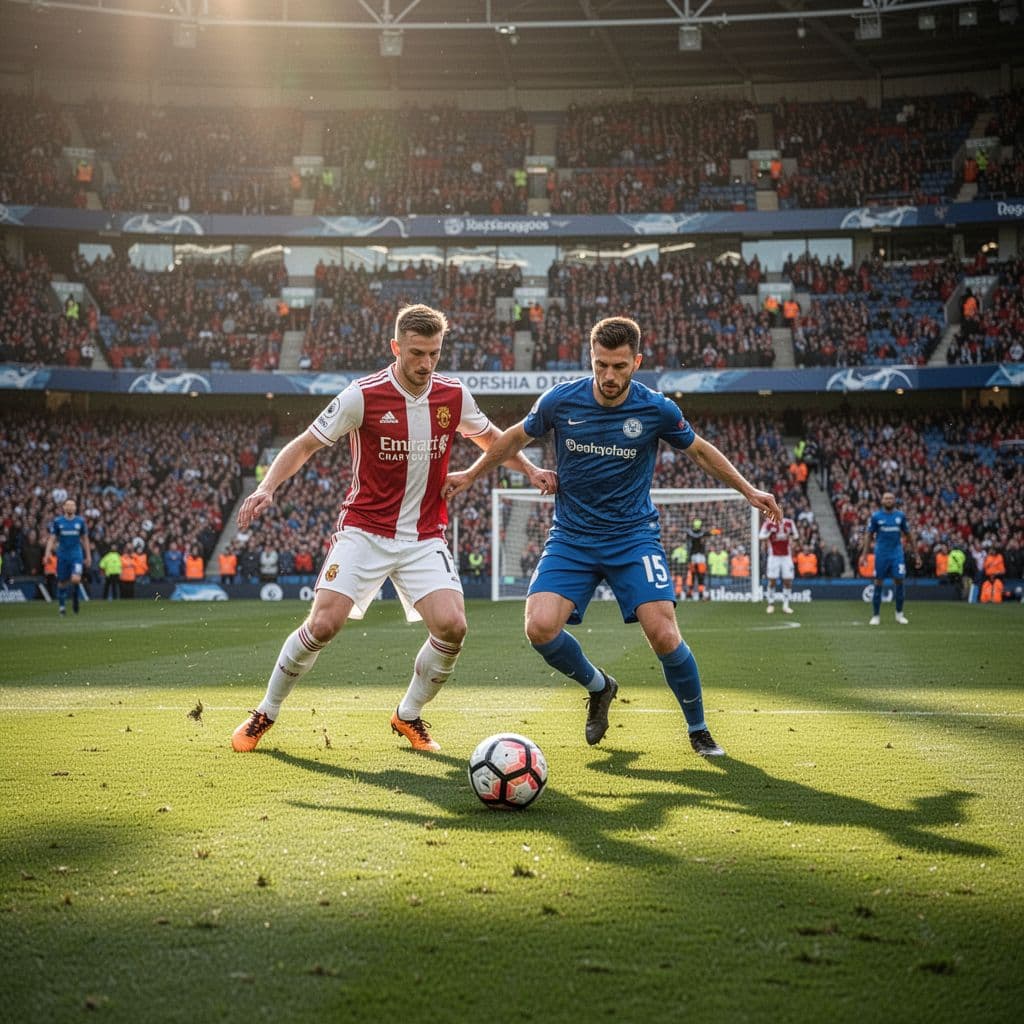 Wide-angle view of professional football match on green pitch with crowd in sunny stadium.