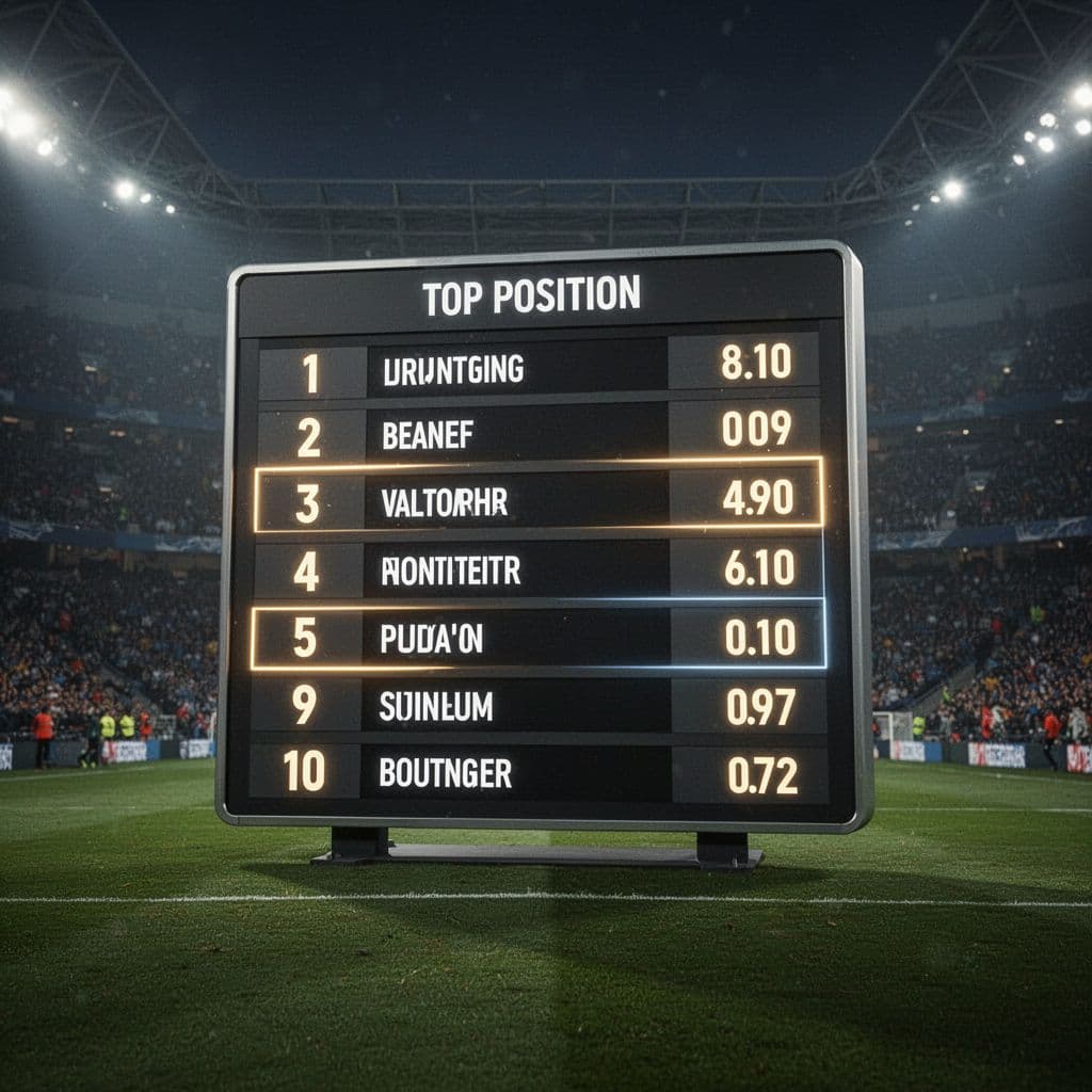 A sleek digital scoreboard displays league rankings with illuminated rows against a blurred stadium background.