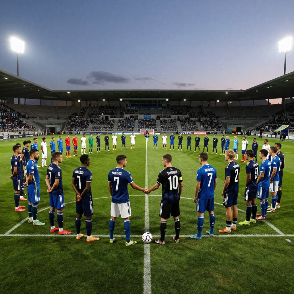 Two football teams shake hands at midfield on a grass pitch illuminated by stadium lights at dusk.