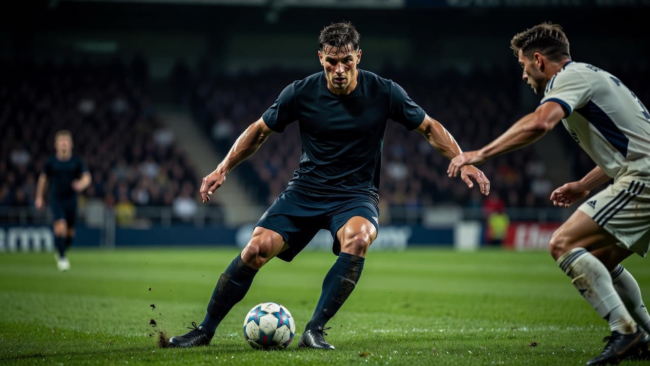 A focused Swedish defender plants his feet firmly on the grass while shielding a soccer ball from an aggressive opponent. The stadium lights cast dramatic shadows during this intense defensive match maneuver.