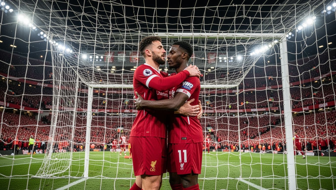 Dominik Szoboszlai and Cody Gakpo embrace after scoring for Liverpool at Old Trafford night match, goal net visible amid floodlights and red fans.