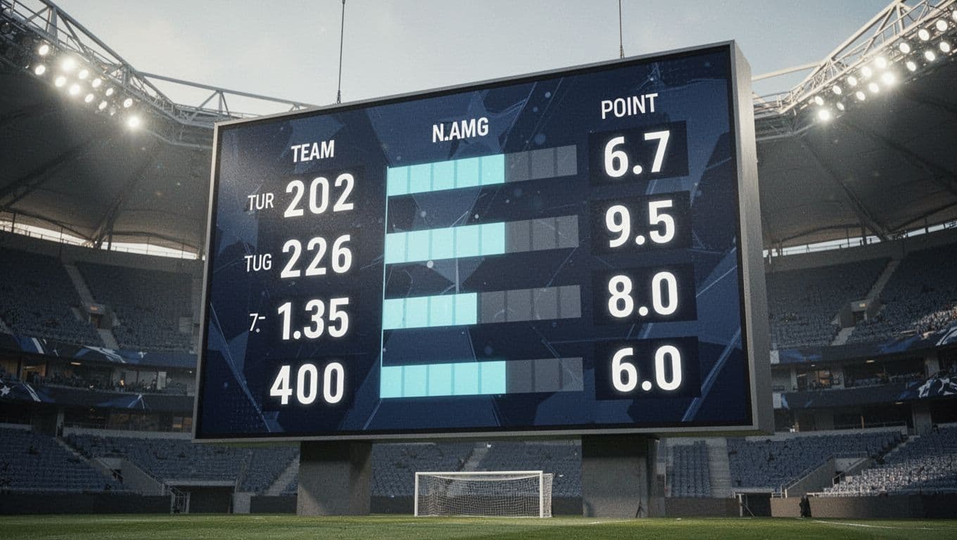 Papan skor digital berukuran besar di stadion modern menampilkan kolom poin, selisih gol, dan peringkat tim. Tampilan grafis tajam ini disusun secara sistematis untuk memperlihatkan data statistik performa klub sepak bola.
