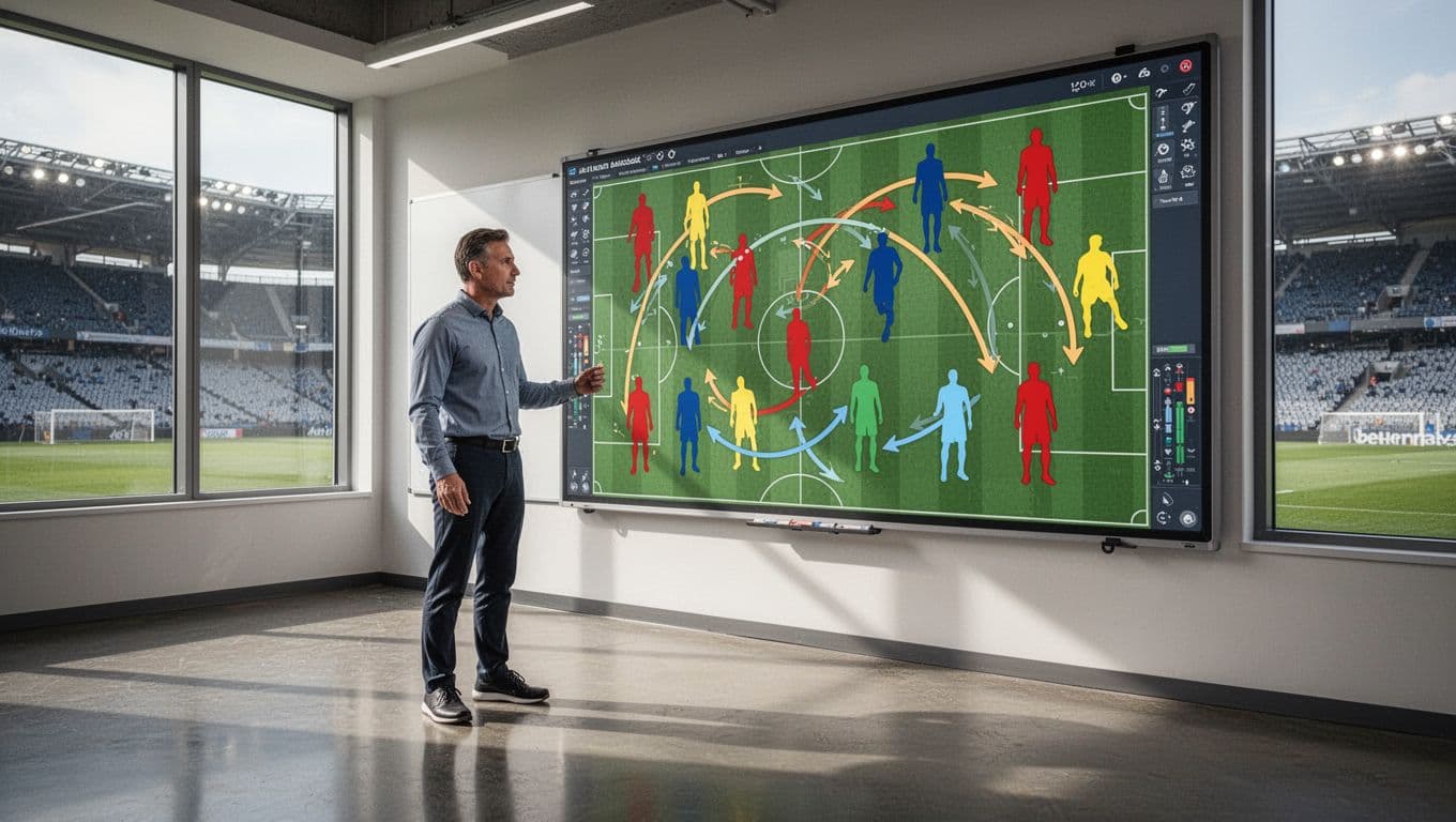 A focused coach stands before a large magnetic board covered in markers and arrows representing player positions. The professional facility background provides a realistic setting for strategic team formation planning sessions.