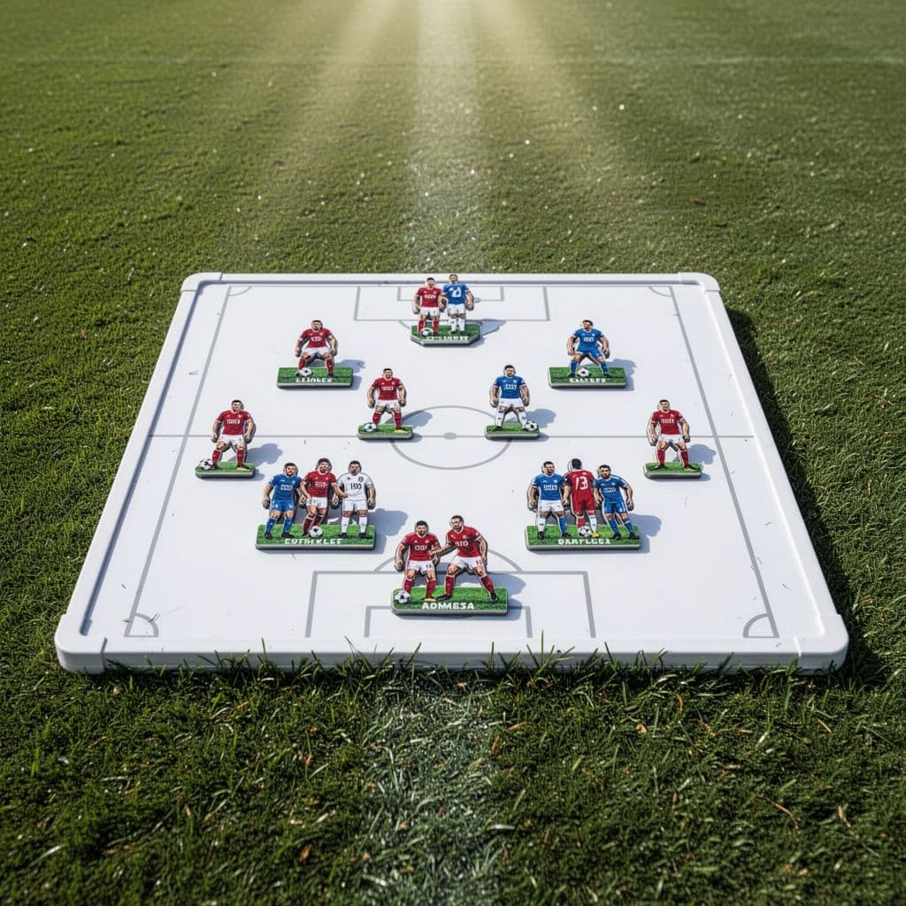 A portable white tactical board sits on green grass with colorful magnets arranged in two opposing teams. Overhead lighting illuminates the field layout, clearly outlining the strategic formation and player positions.