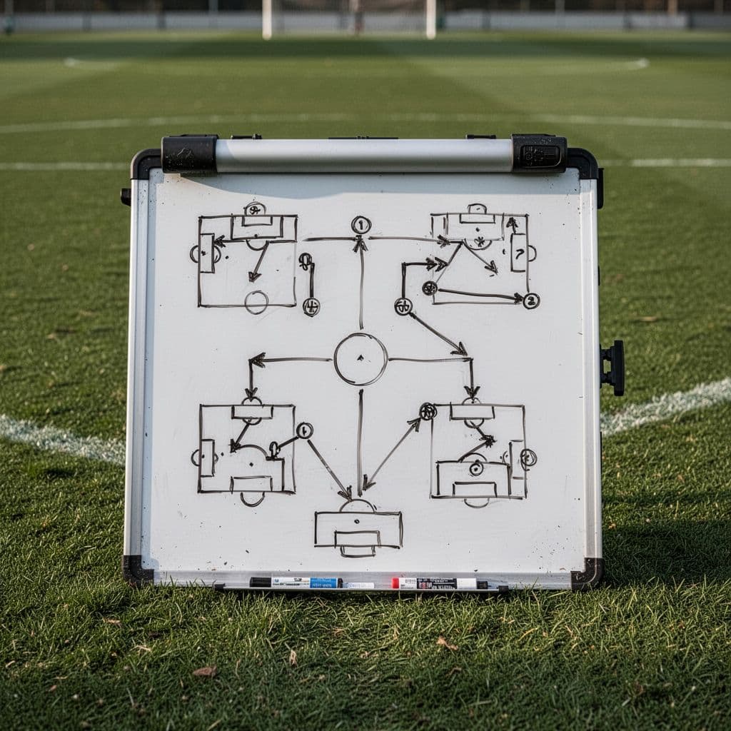 A tactical whiteboard displays detailed strategy diagrams for football match preparation on a grass field.