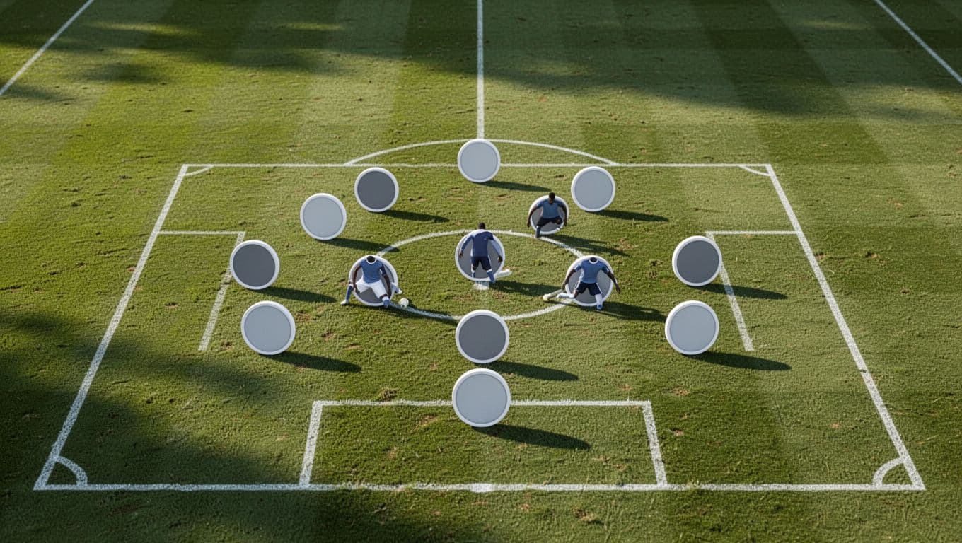 A clean tactical illustration displays a professional football pitch layout. The focus centers on the penalty area, mapping precise movement vectors and positioning for a primary striker in an attacking scheme.