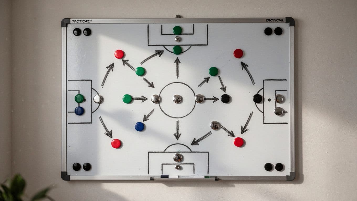 A wall-mounted tactical board features magnetic player markers and dry-erase arrows illustrating strategic movement patterns. The professional setup is bathed in soft, natural indoor light, highlighting the clean white surface.