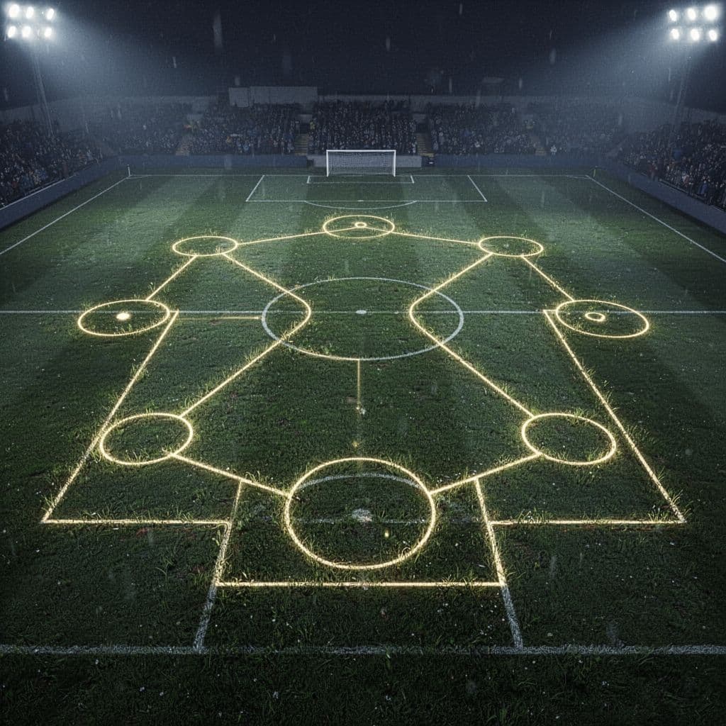 An empty football pitch illuminated at night with glowing team formation diagrams marked on the grass.