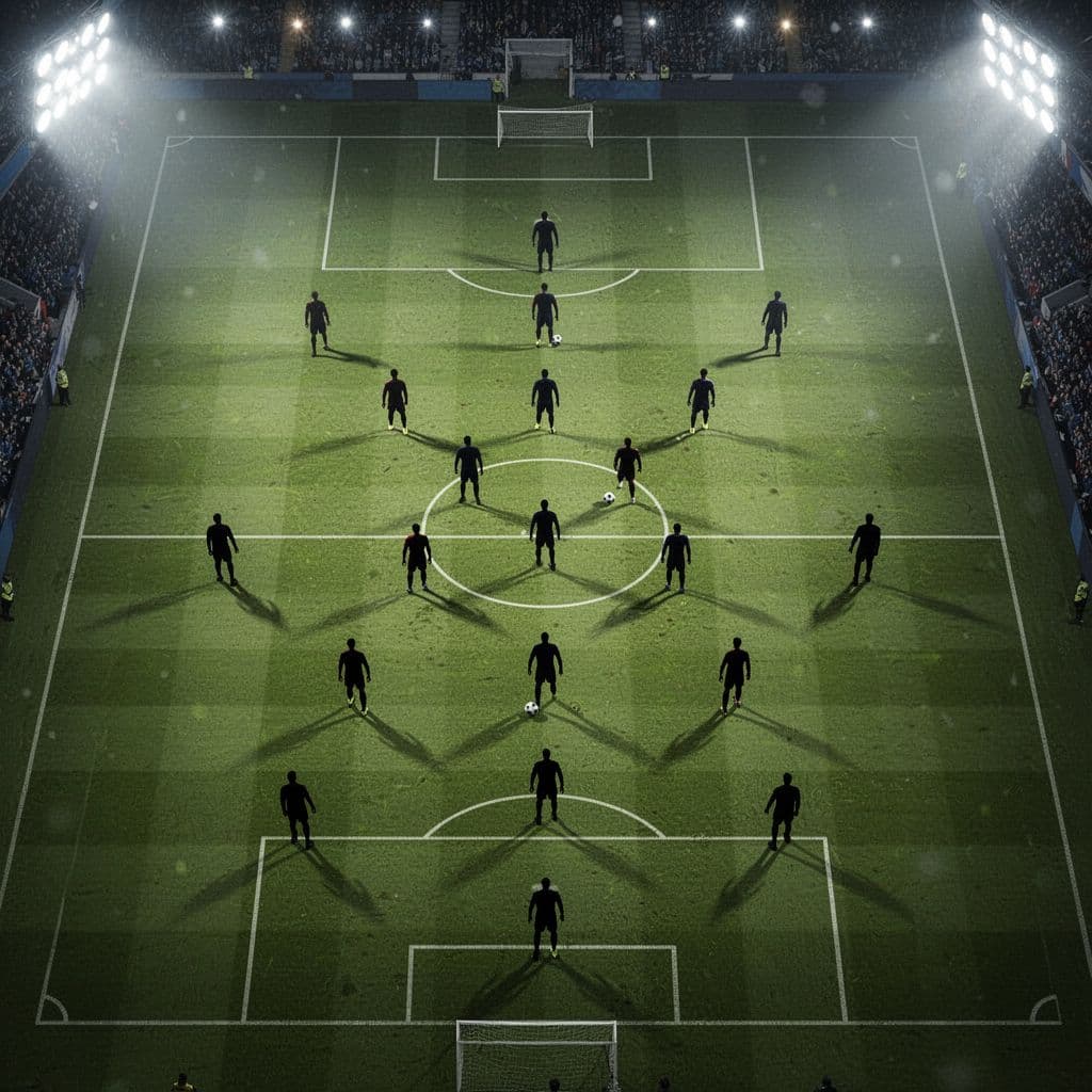 A top-down view of a soccer field features strategically placed circular markers representing player positions. Bright stadium floodlights illuminate the vibrant green turf, creating a clean environment for professional sports analysis.
