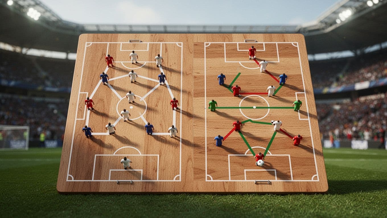 A professional magnetic board displays two different team setups on a green pitch map. Red and blue markers highlight distinct attacking and defensive strategies against a blurred stadium crowd backdrop.