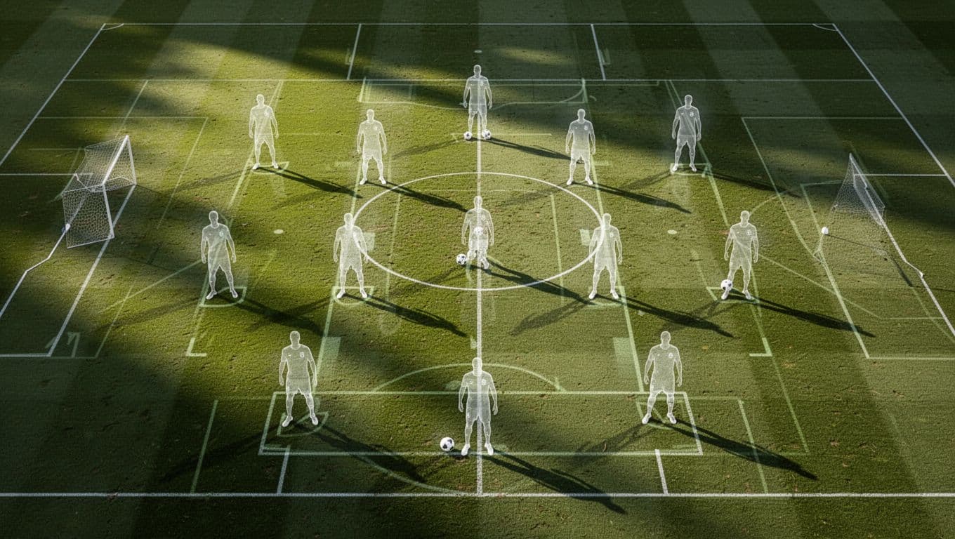 A digital screen illuminates a detailed football pitch layout featuring various player icons positioned for a strategic play. Soft cinematic lighting highlights the green turf field and precise formation alignment.