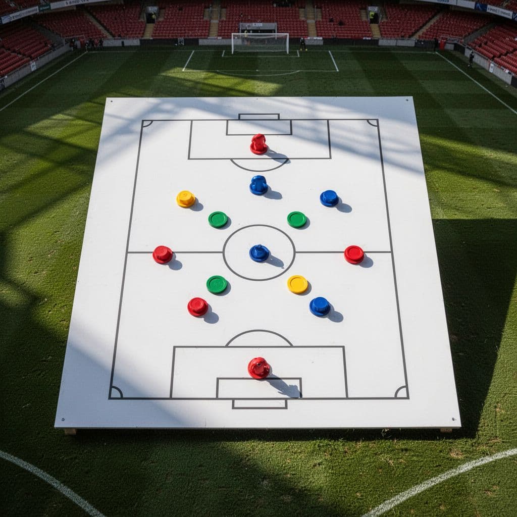 Top-down view of minimalist whiteboard showing football tactical formation on stadium pitch.