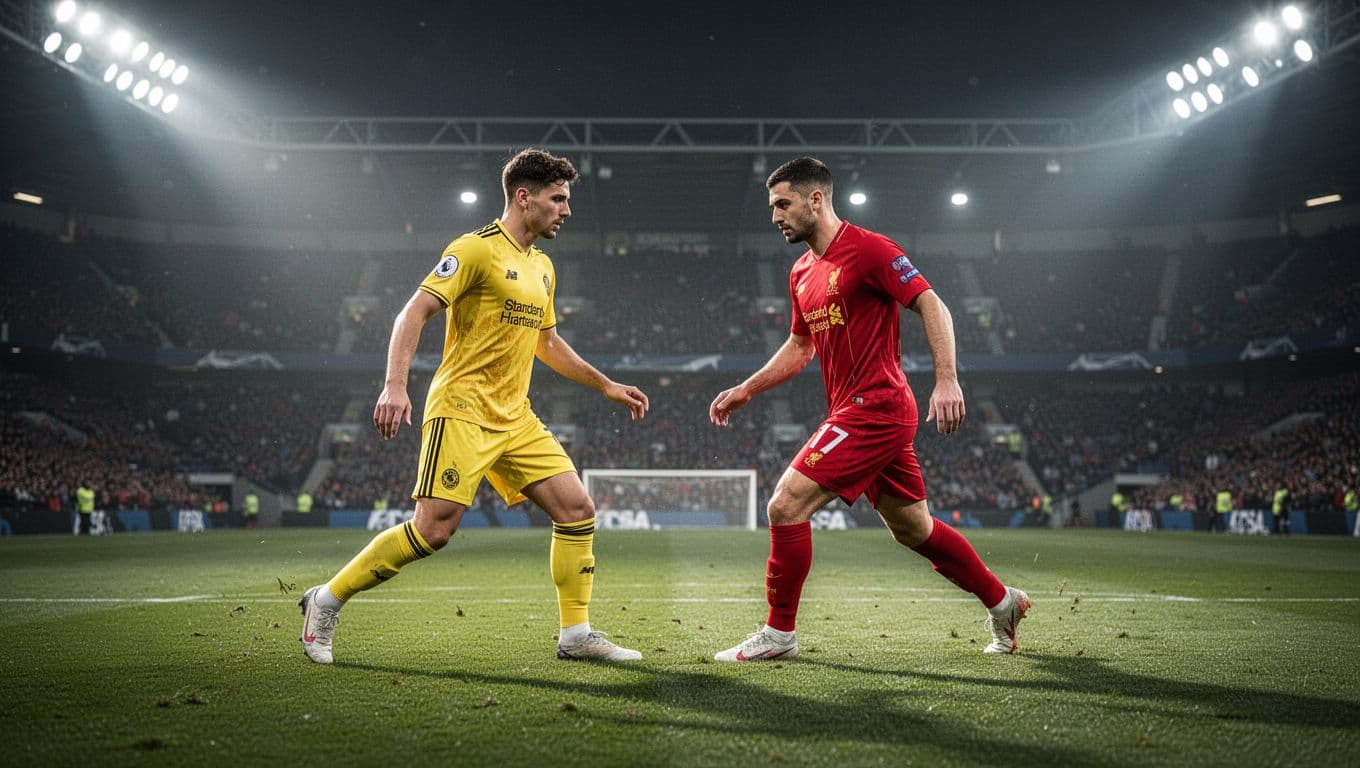 Players in yellow and red kits compete on a lush green pitch under bright stadium floodlights. One athlete from each team remains in sharp focus during an intense tactical play.