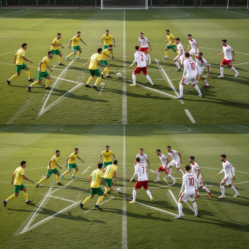 Twenty-two players in yellow-green and white-red kits navigate a green pitch under bright daylight. The split-screen composition highlights strategic passing lanes and player movement patterns across the professional sports field.