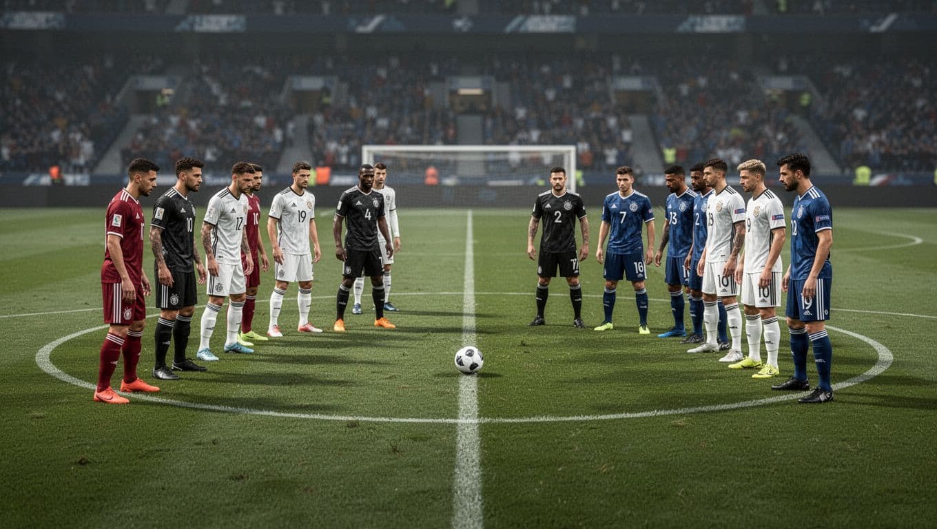 A top-down view shows two teams of players in contrasting colors arranged on a professional pitch. A single football sits in the center, set against a blurred stadium crowd backdrop.