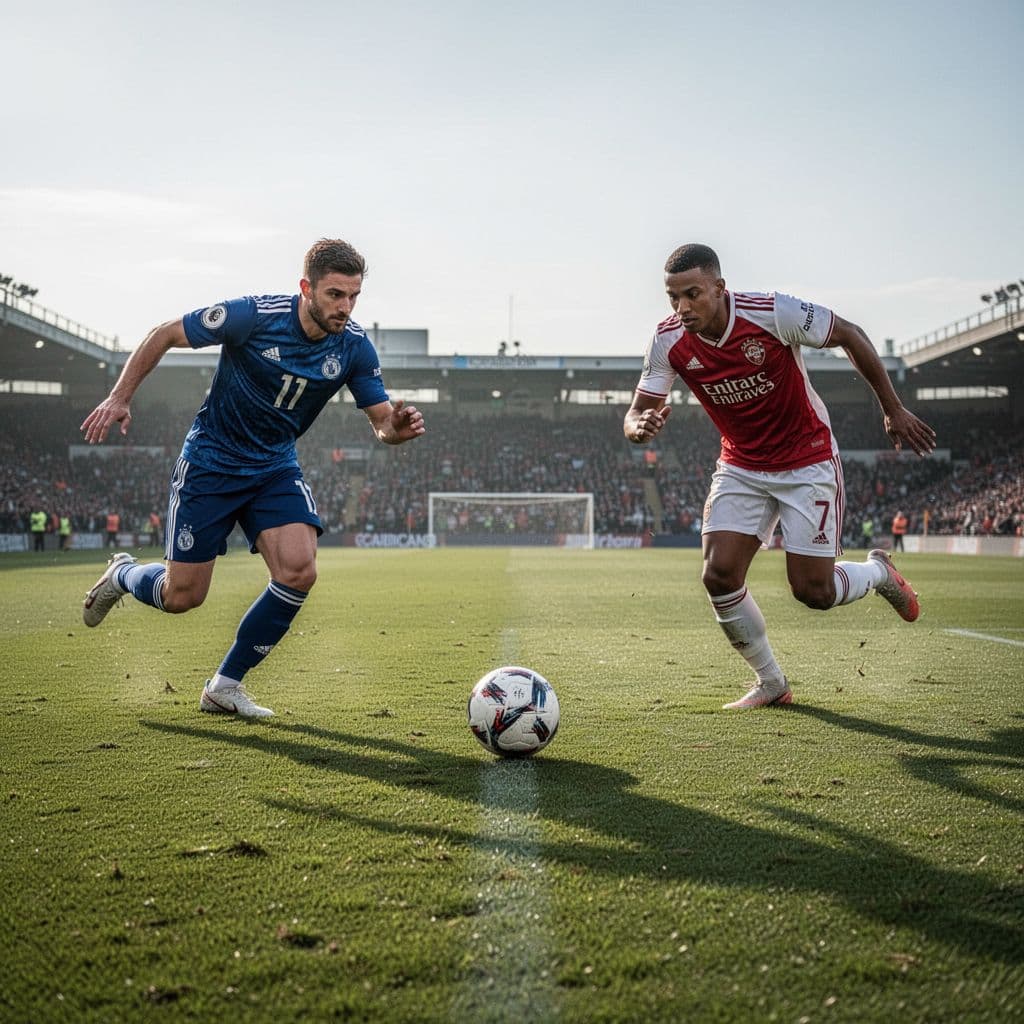 Players in vibrant jerseys face off across a manicured green pitch during a high-stakes match. A single ball rests near the center line as athletes prepare for a strategic tactical movement.