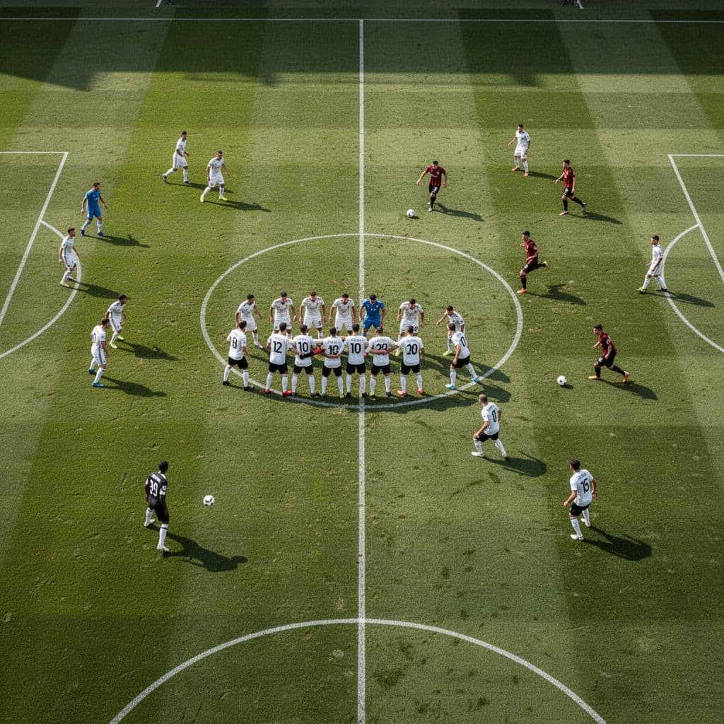 An aerial view shows a football team defending against an attacking side on a professional pitch.