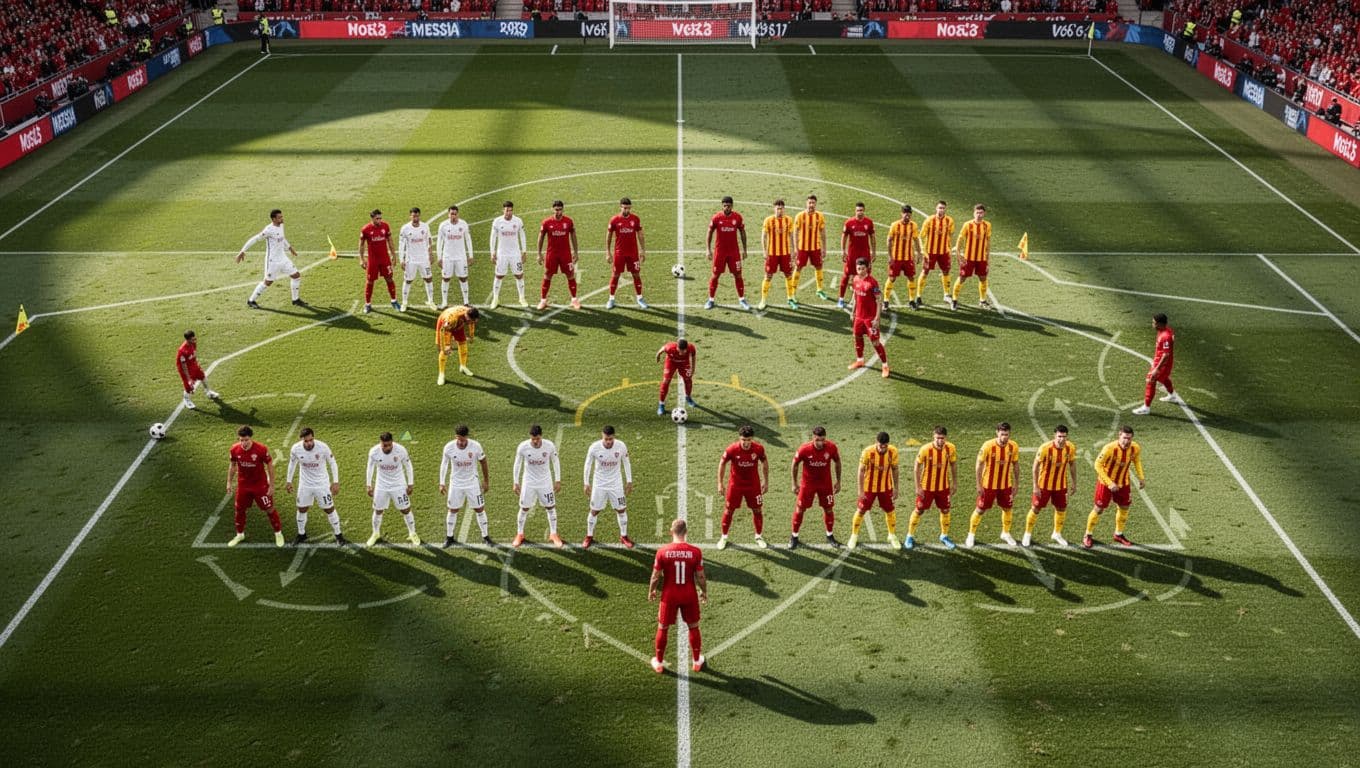 Players dressed in red and white kits face off against opponents in red and yellow jerseys on a lush grass pitch. A high-angle perspective captures their tactical alignment during daylight.