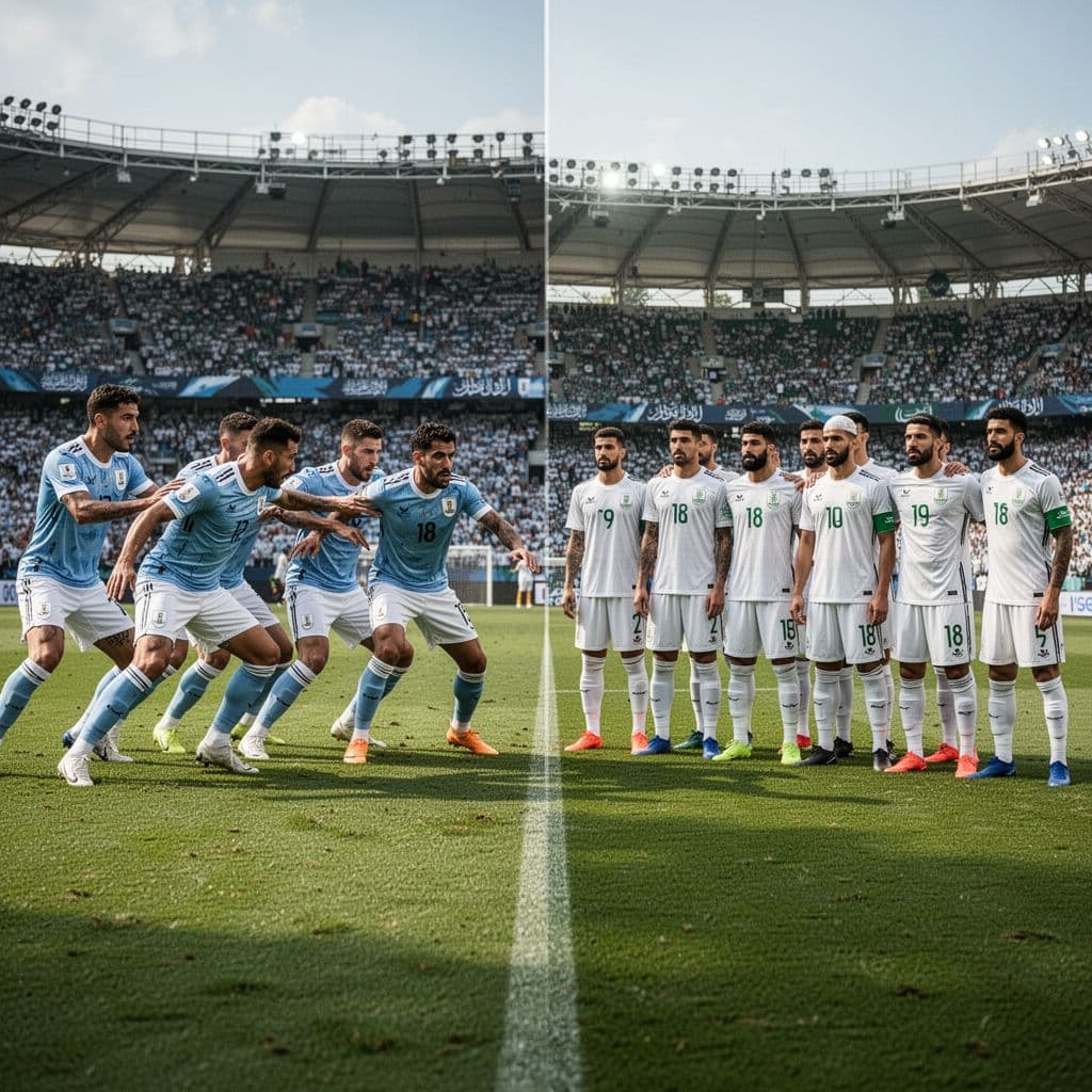 A split-screen view showing Uruguayan players in sky blue jerseys pressing forward, contrasted against Saudi Arabian athletes in white kits positioned within a disciplined, compact defensive formation on the pitch.