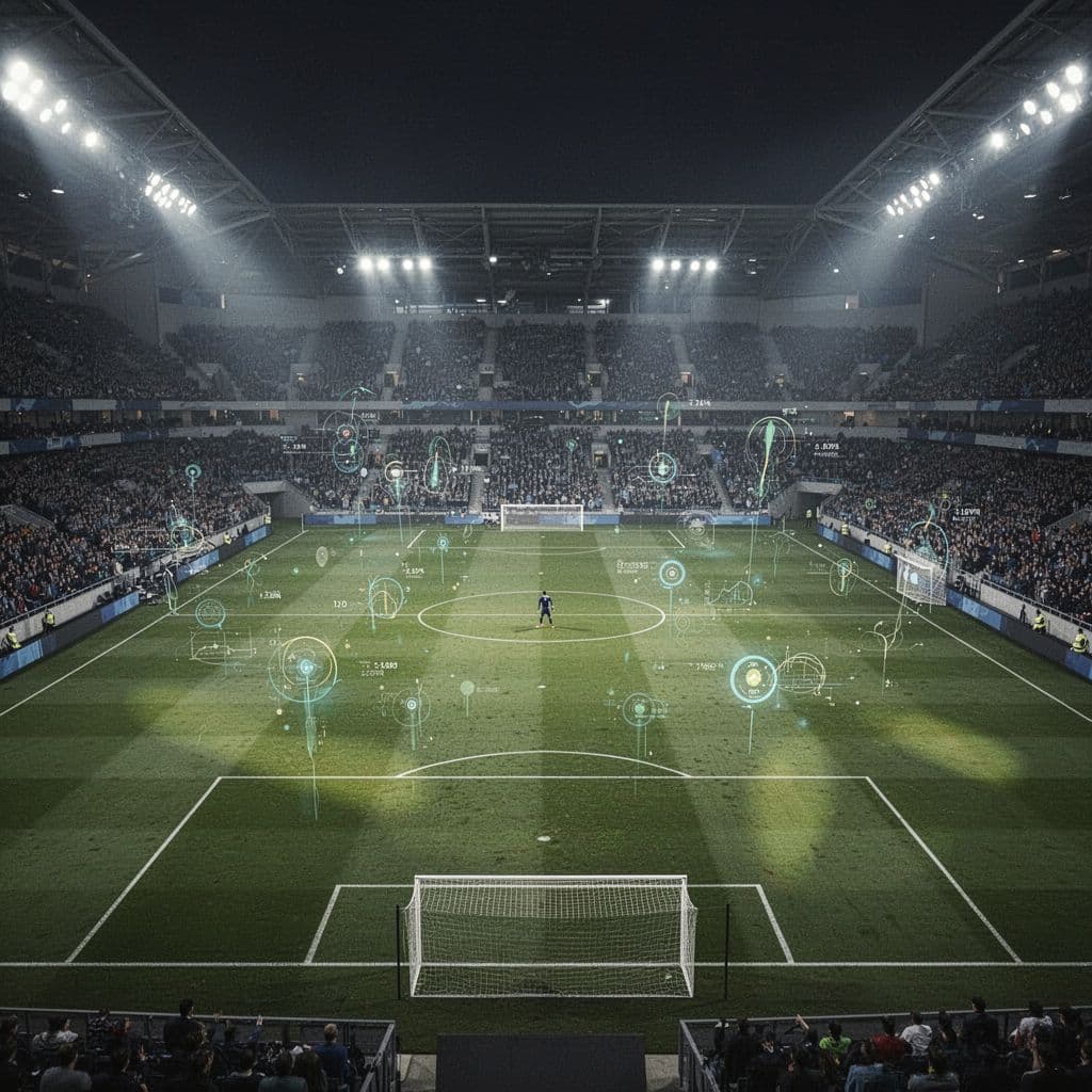 A high-angle view of a professional football pitch featuring faint digital performance data visualizations.