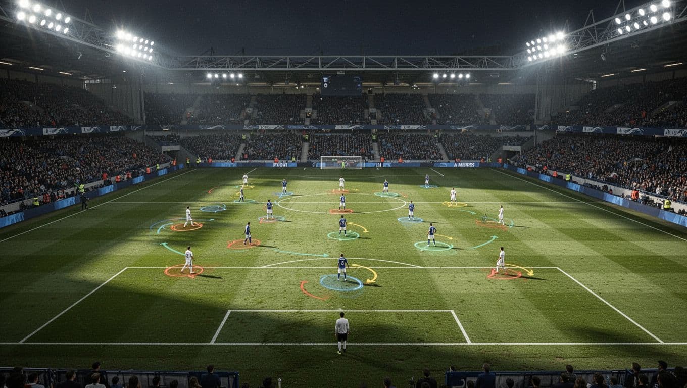 A high-angle view of a soccer field features illuminated player position markers across the grass. A single figure stands in the distance under bright stadium lights during a professional match.
