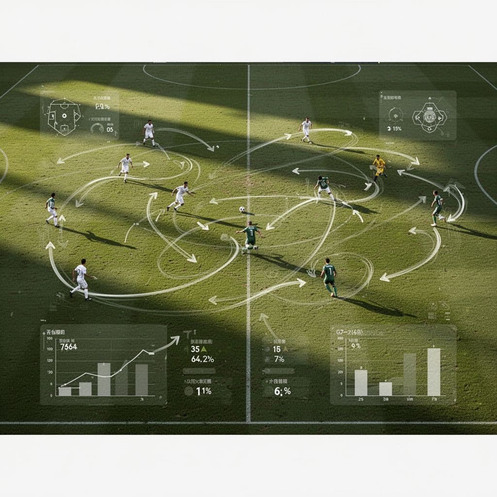 Minimalist interface shows player movement patterns and data charts on grass football pitch.
