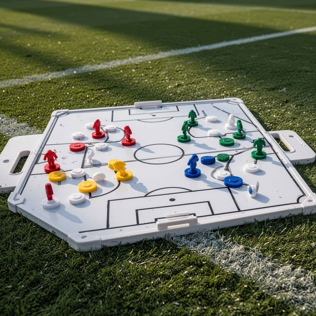 A close-up view features a whiteboard covered in colorful magnetic markers arranged on a printed green grass pattern. Soft natural daylight illuminates the strategy markers representing team player positions during play.