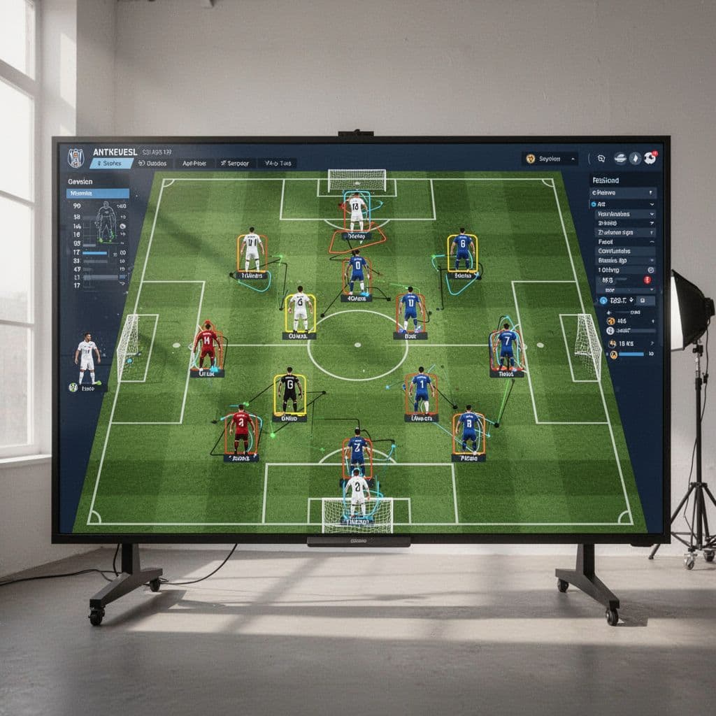 A professional sports coaching board displays a green grass field layout with colorful magnets representing player positions. Various lines and arrows map out strategic offensive movements across the synthetic pitch surface.