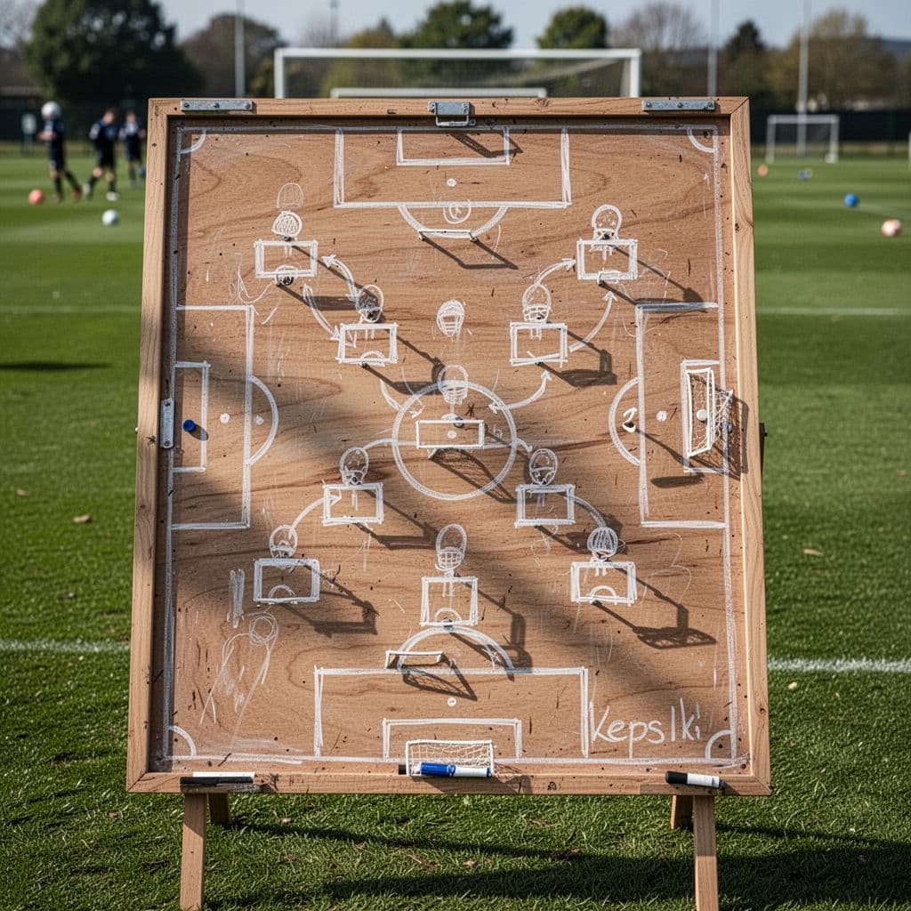 A professional tactical whiteboard displays a football pitch layout with position markers in an outdoor setting.