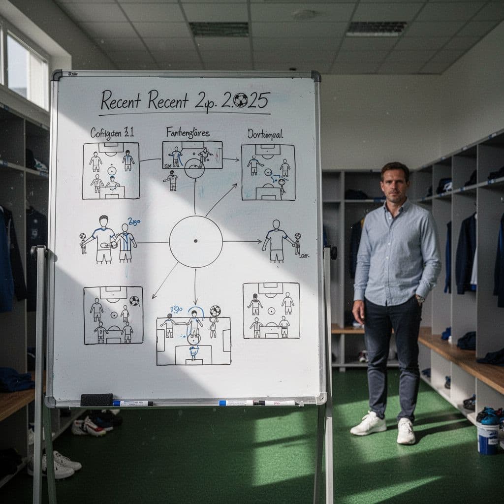 Whiteboard shows line charts and score tallies in stadium locker room with soft light and one coach in background.