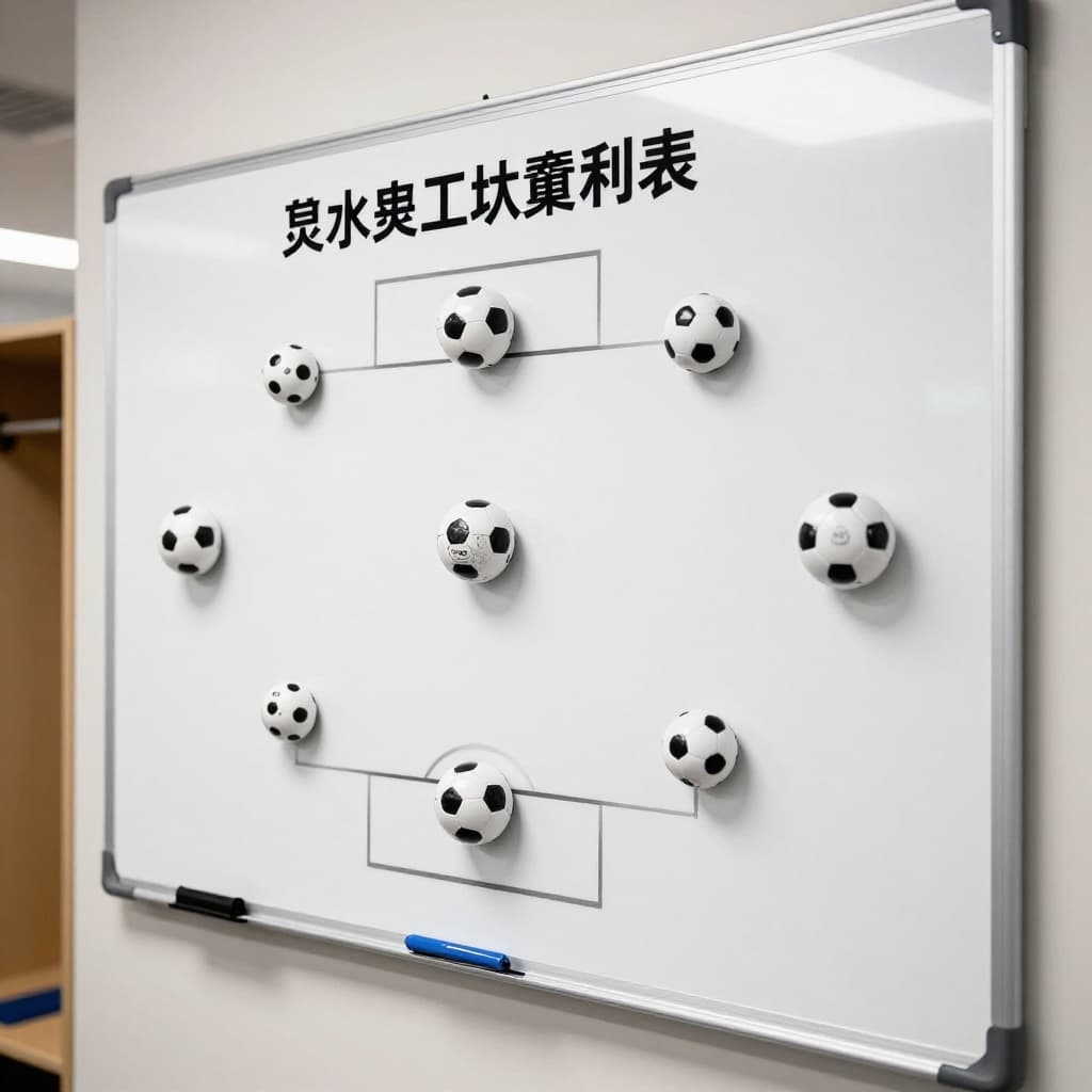 A clean whiteboard displays magnetic player icons arranged in strategic formations within a locker room. These tactical markers illustrate team offensive positioning and defensive coverage patterns for high-level match analysis.