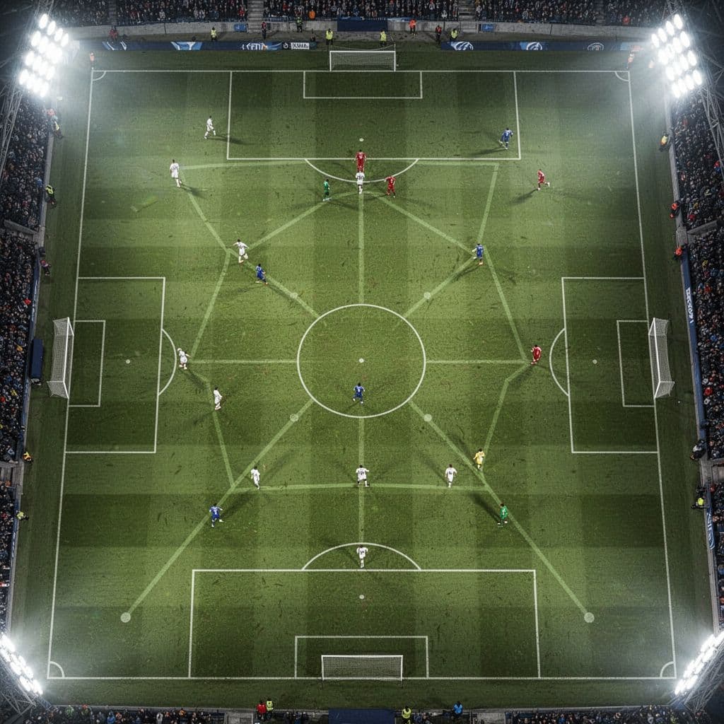 A top-down perspective of a vivid green soccer pitch featuring precise white markings and tactical markers placed strategically. The bright stadium floodlights illuminate the entire field during a professional match.