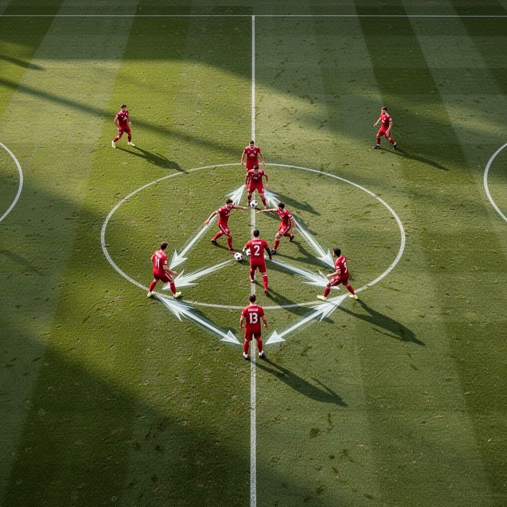 An aerial perspective captures players in red jerseys strategically positioned in a triangular passing formation. The lush green grass of the pitch stretches out under bright, clear daylight conditions.