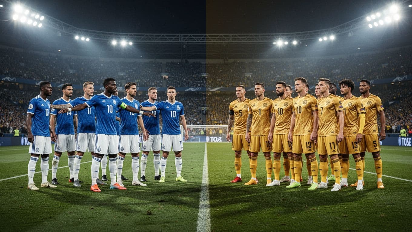Blue and white players push forward in a high-pressing formation against a compact defensive block of yellow and gold athletes. Bright stadium floodlights illuminate the vibrant green grass of the field.