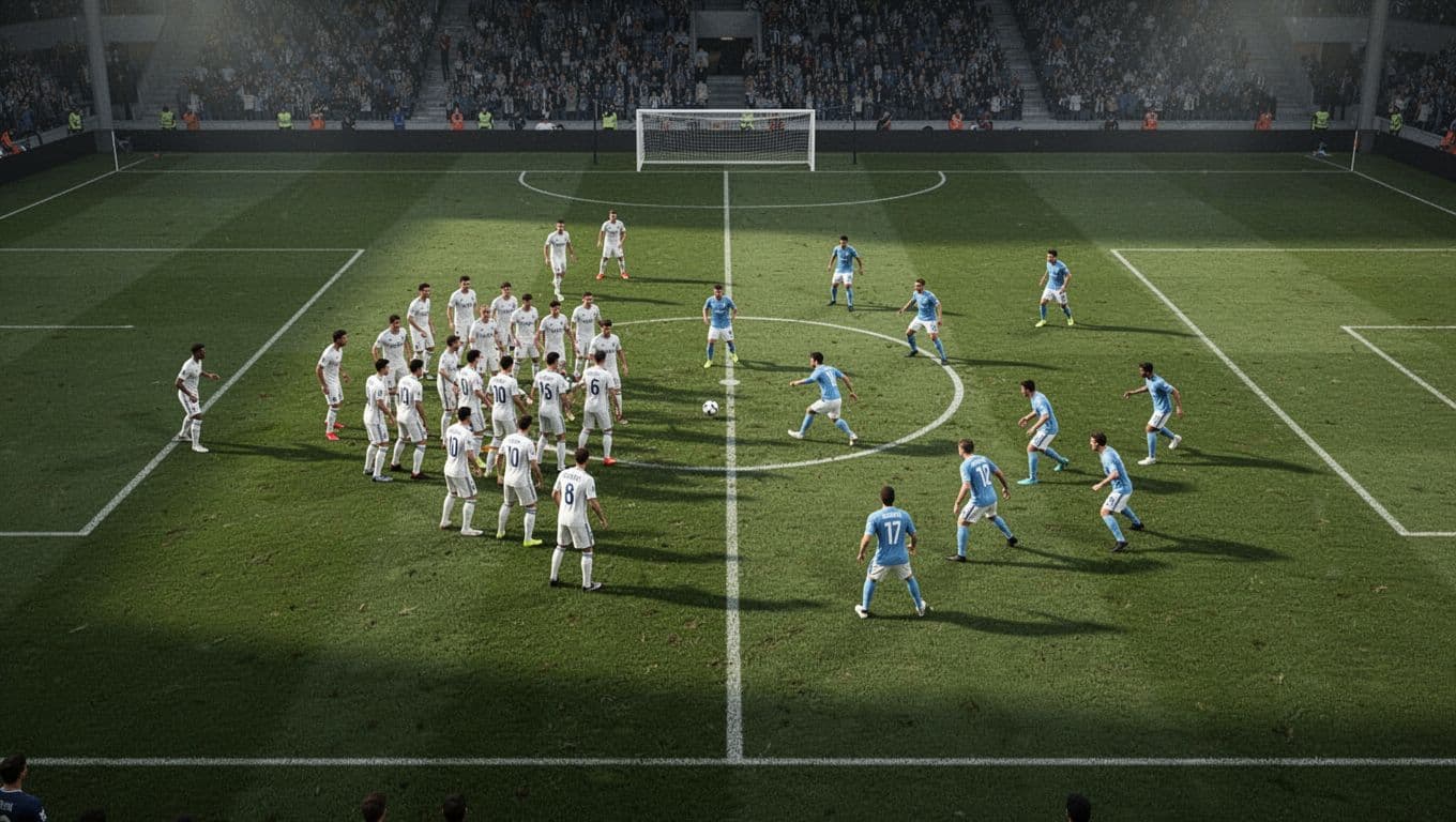 A squad in white uniforms maintains a tight defensive block near their penalty area while players in light blue jerseys orchestrate a coordinated attacking play from the center of the field.