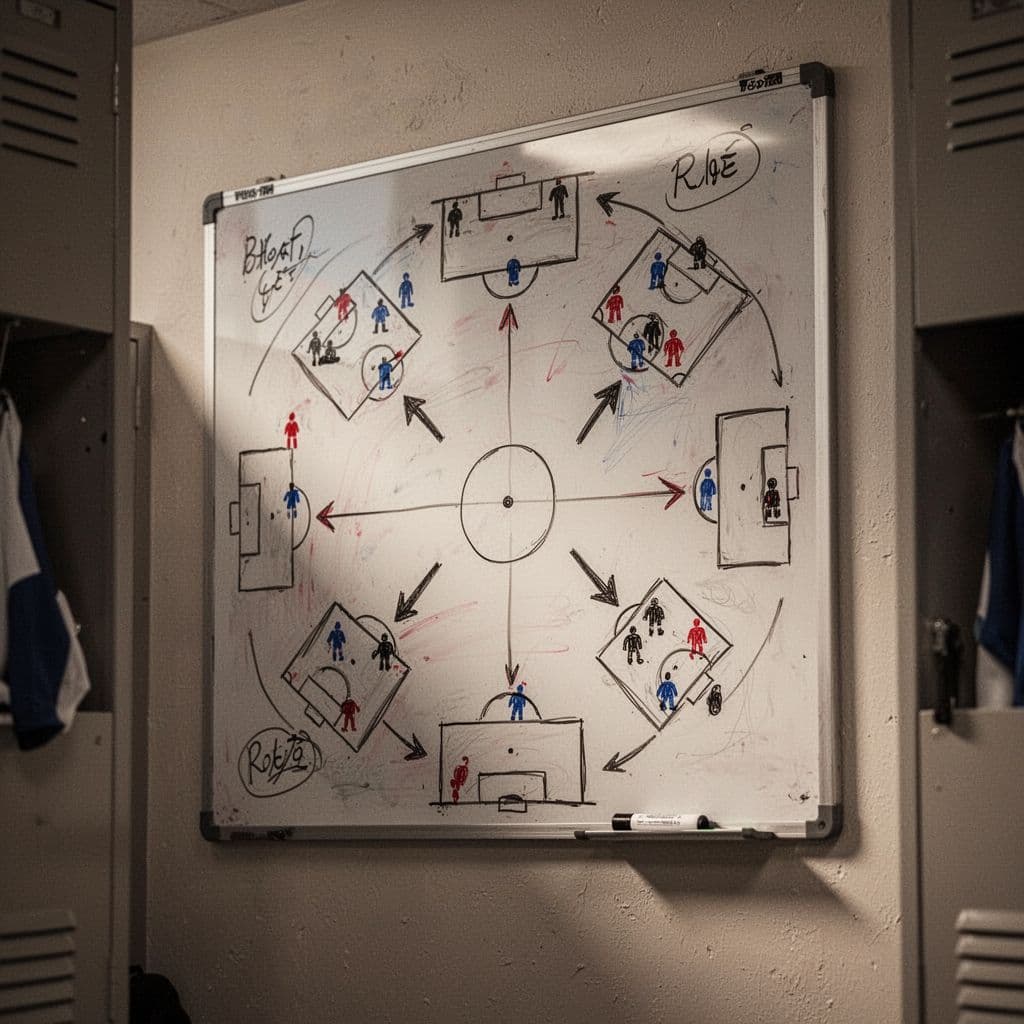 A close-up view of a locker room tactical whiteboard featuring various strategic diagrams and player positions.