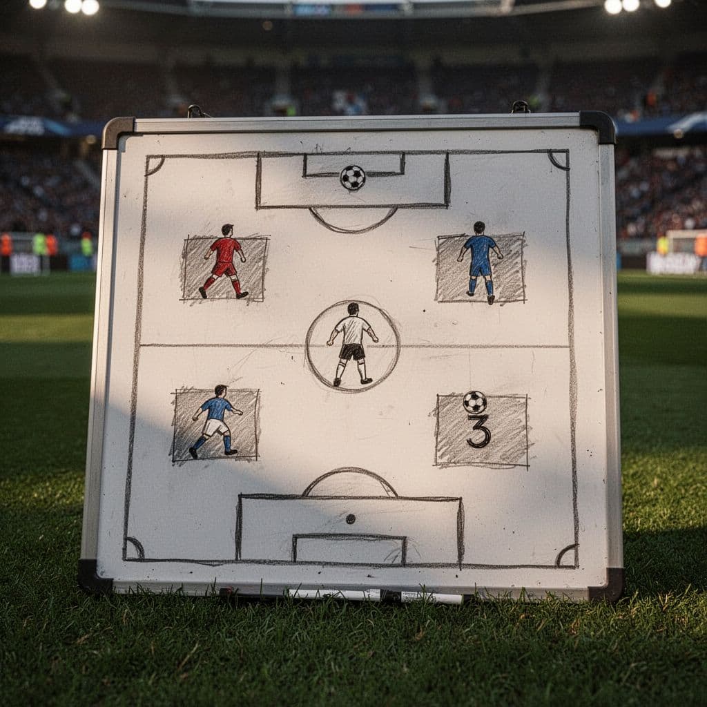 Papan strategi profesional menampilkan sketsa formasi pemain 4-3-3 dengan penempatan posisi yang jelas. Latar belakang lapangan hijau yang buram memberikan suasana stadion yang nyata di bawah sinar matahari sore yang hangat.