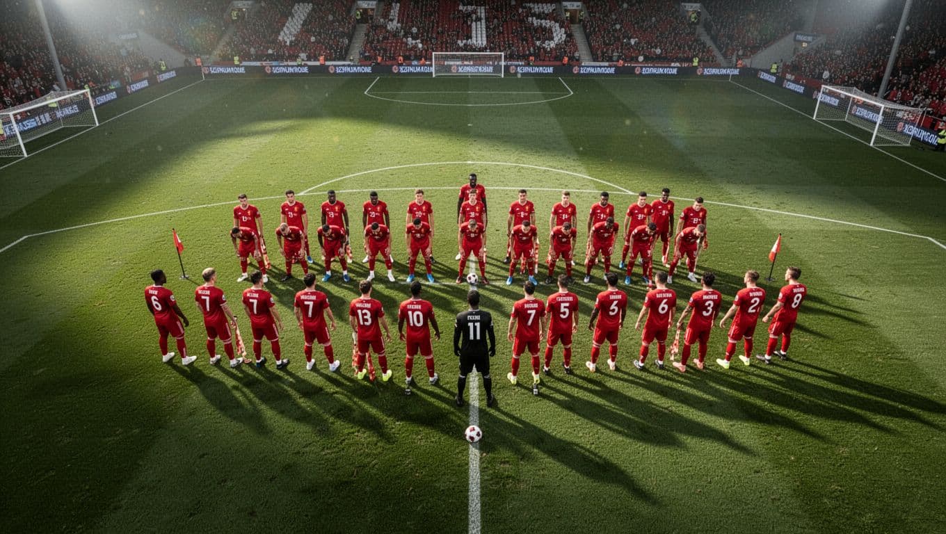 Para pemain mengenakan jersey merah berdiri dalam posisi strategis di lapangan hijau yang subur. Sebuah bola sepak diletakkan di tengah rumput di bawah pancaran lampu sorot stadion yang sangat terang benderang.