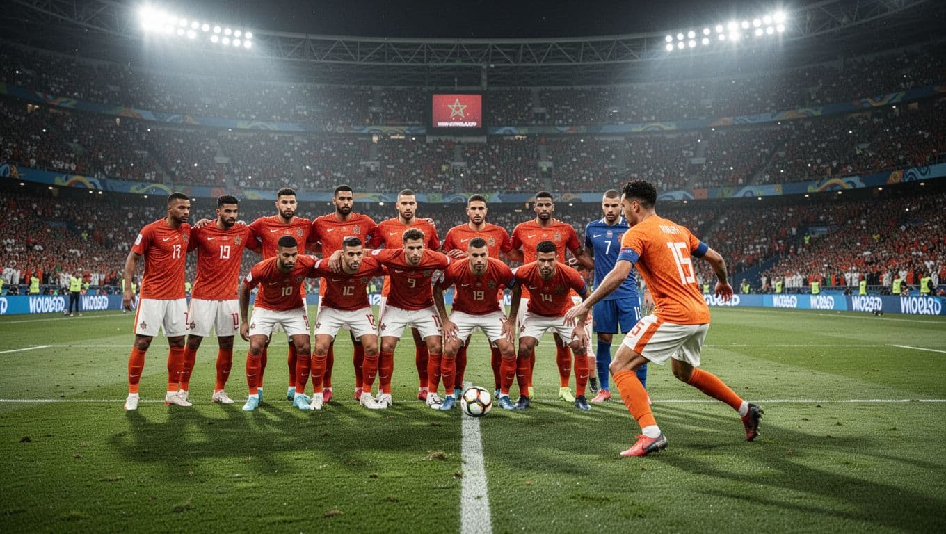 Pemain bertahan Maroko membentuk barisan rapat di depan area penalti sementara pemain penyerang Belanda mencari celah operan. Suasana stadion yang penuh menciptakan tensi tinggi dalam laga sepak bola internasional ini.
